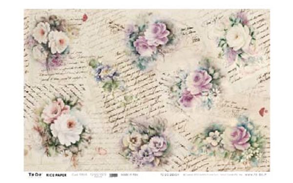 Бумага рисовая 50х70 см, Carta di Riso, 10 шт, Розы-ноты сирень, To-Do