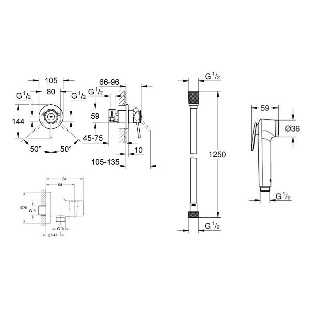 Гигиеническим набор с смесителем Grohe BauClassic 124901 схема