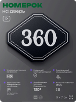 Номерок на дверь квартиры 360, для кабинета, офиса, шильдик 9 х 7 см, черный, Айдентика Технолоджи