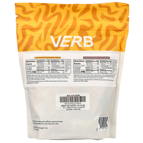 Verb Energy, энергетические батончики с кофеином, ассорти вкусов, 8 батончиков по 26 г (0,92 унции)