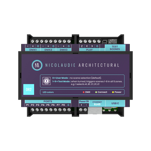 NICOLAUDIE ARCHITECTURAL DINA-DR2 LITE - DMX-интерфейс, 3х DMX512, 5 зон, 99 сцен, USB-C, RDM, SD-с