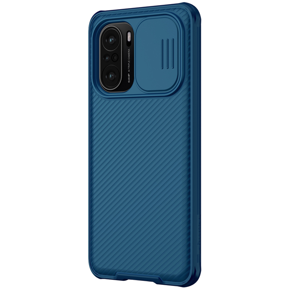 Чехол двухкомпонентный синего цвета от Nillkin CamShield Pro для Xiaomi Poco F3 (Mi 11i, Redmi K40, K40 Pro и K40 Pro+), с защитной шторкой для камеры