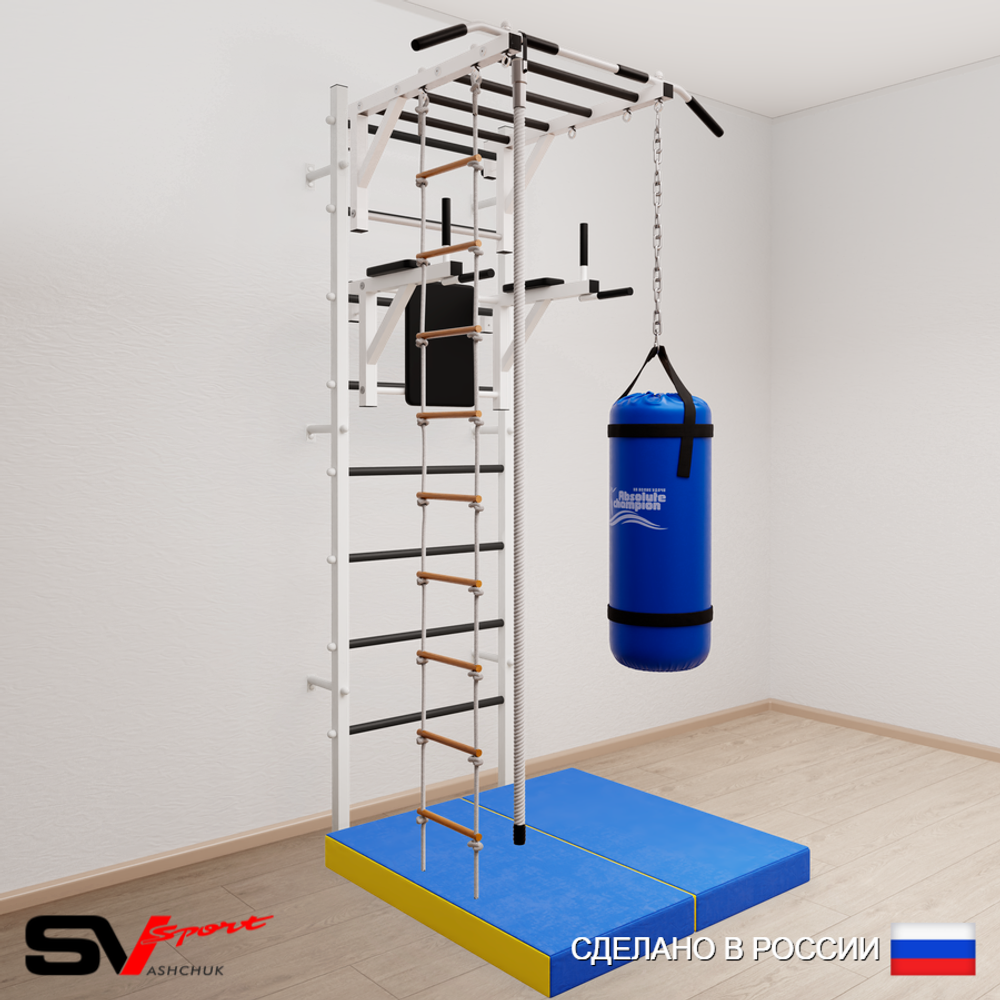 Шведская стенка Sv Sport усиленная 6457 (Турник рукоход/Брусья/Канат/Лестница/Цепь/Мешок 30кг/Мат 1м)