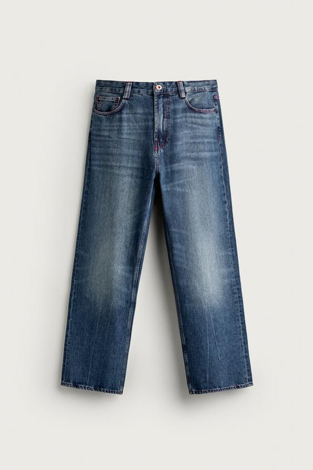 ZARA ДЖИНСЫ STRAIGHT FIT С КОНТРАСТНОЙ СТРОЧКОЙ, СИНИЙ