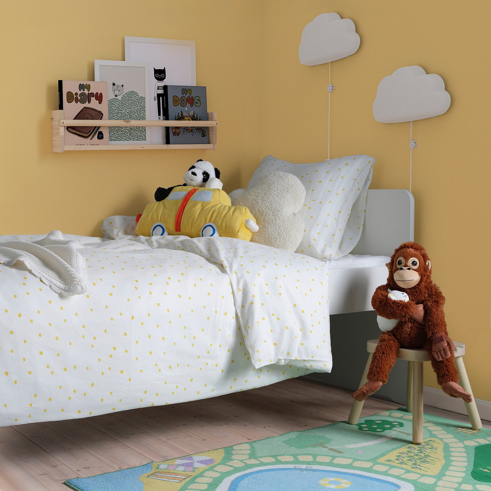 IKEA BARNDRÖM  (ИКЕА БАРНДРЁМ)  -  Пододеяльник и наволочка - белый жёлтый/горошек 150x200/50x60 см