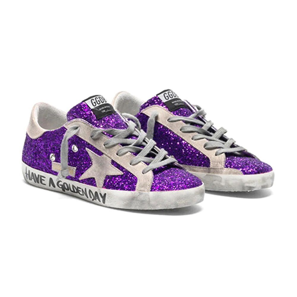 Кеды Женские GOLDEN GOOSE 'SUPERSTAR' with purple glitter and lettering on the foxing