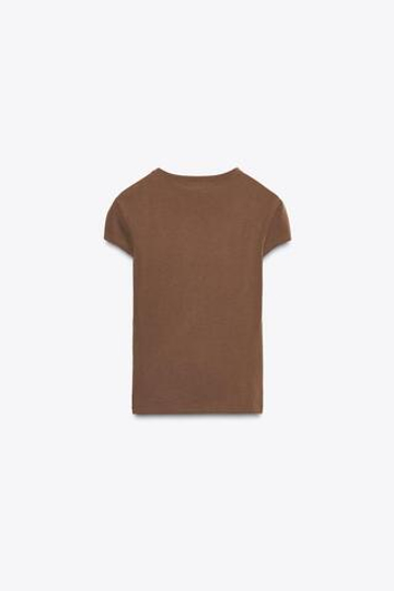 ZARA ФУТБОЛКА ОБЛЕГАЮЩЕГО КРОЯ С КОРОТКИМИ РУКАВАМИ, КОРИЧНЕВЫЙ