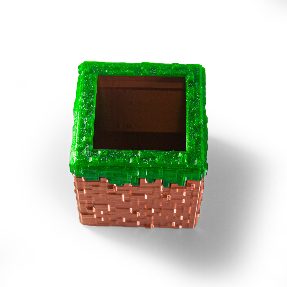 Подставка для карандашей "Minecraft" Майнкрафт в виде травяного блока, 3D печать, 8х7.5х7.5см, медно-зеленый