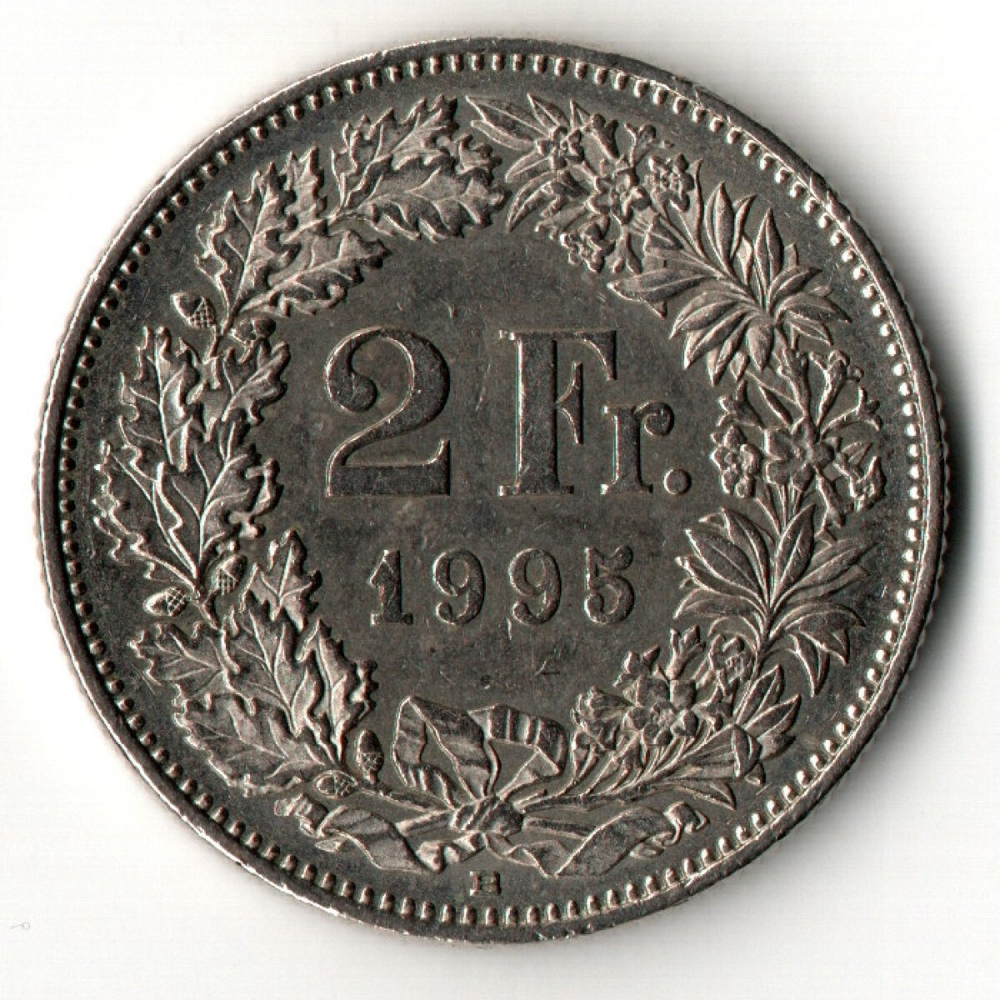 2 франка 1995 год. Швейцария. Медно-никель
