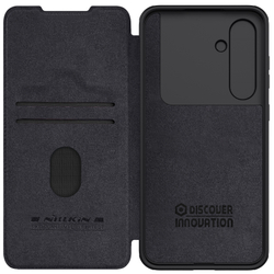 Кожаный чехол книжка черного цвета от Nillkin для Samsung Galaxy S24 FE, серия Qin Pro Leather с защитной шторкой для камеры