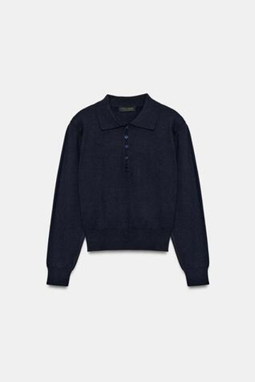 ZARA ТРИКОТАЖНЫЙ ПОЛО С ПОДПЛЕЧНИКАМИ, СИНИЙ