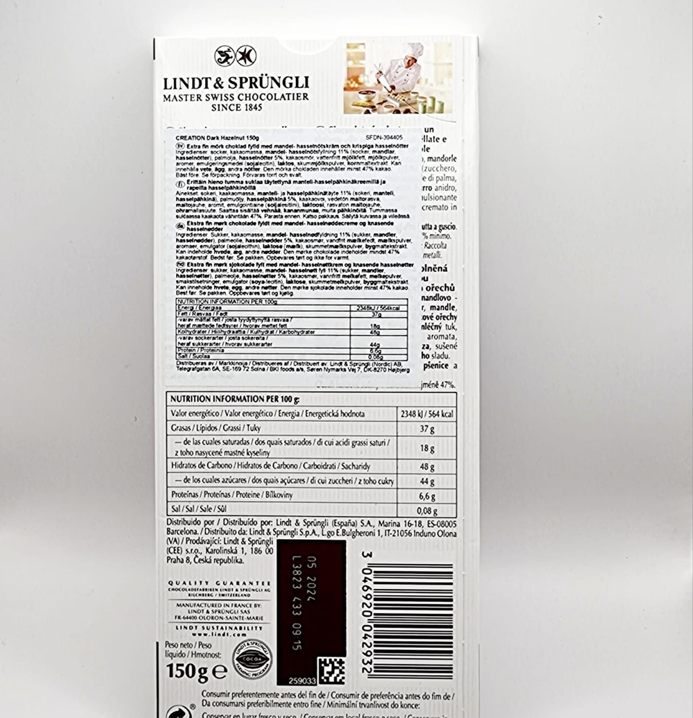 Шоколад темный Lindt Creation Hazelnut с начинкой из орехового крема 150 г (из Финляндии)