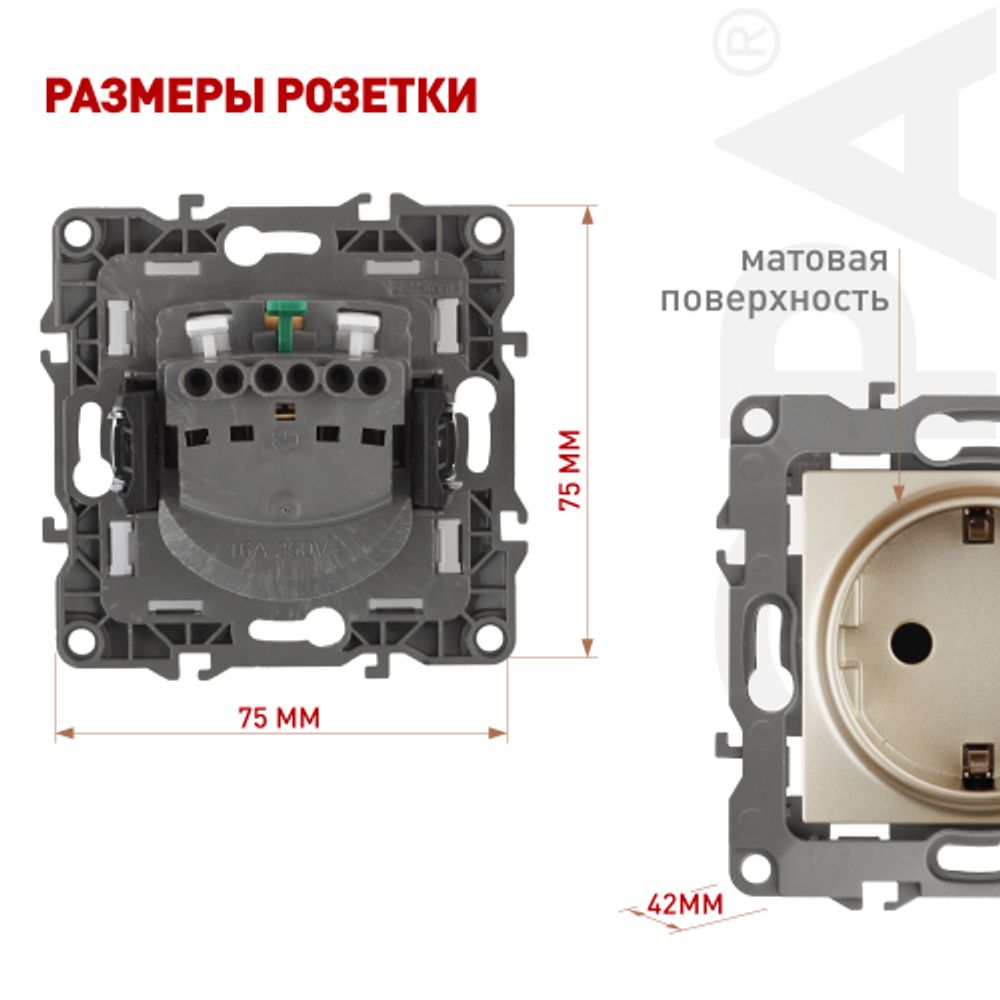 Розетка ЭРА Серия 12 12-2102-04 с заземлением 2P+E Schuko со шторками 16A-250В IP20 шампань | Эра 12