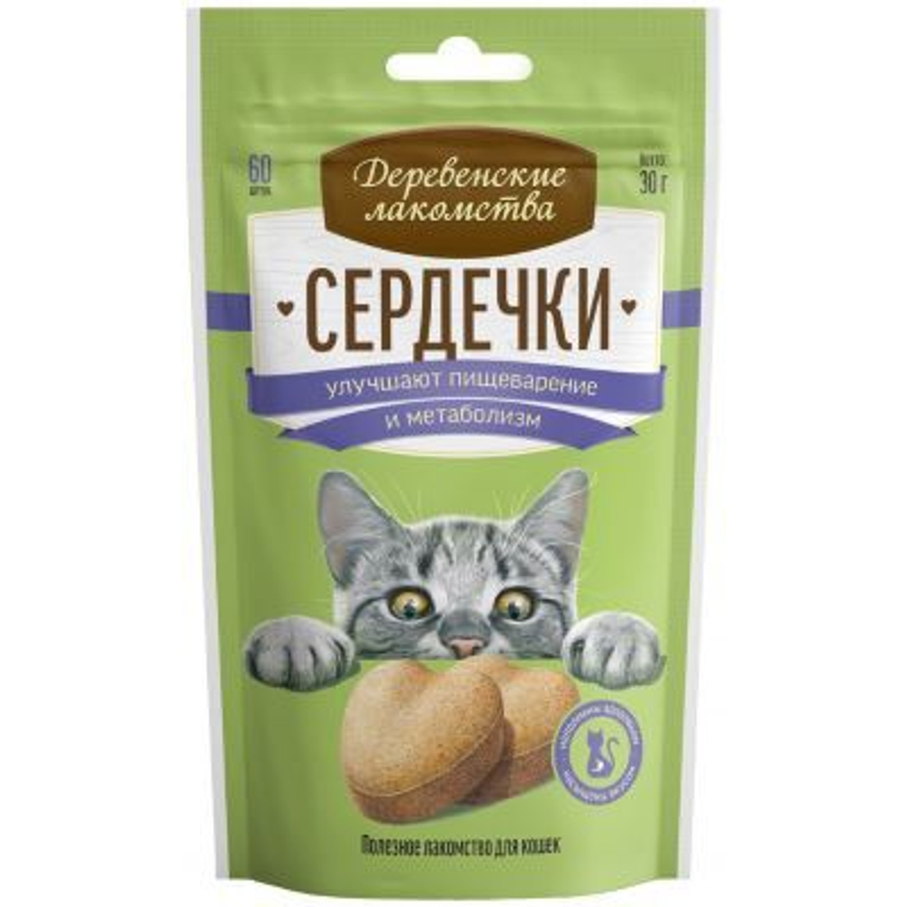 Деревенские Лакомства Витамины д/кошек сердечки баланс жиз.микроэл-в, 30г