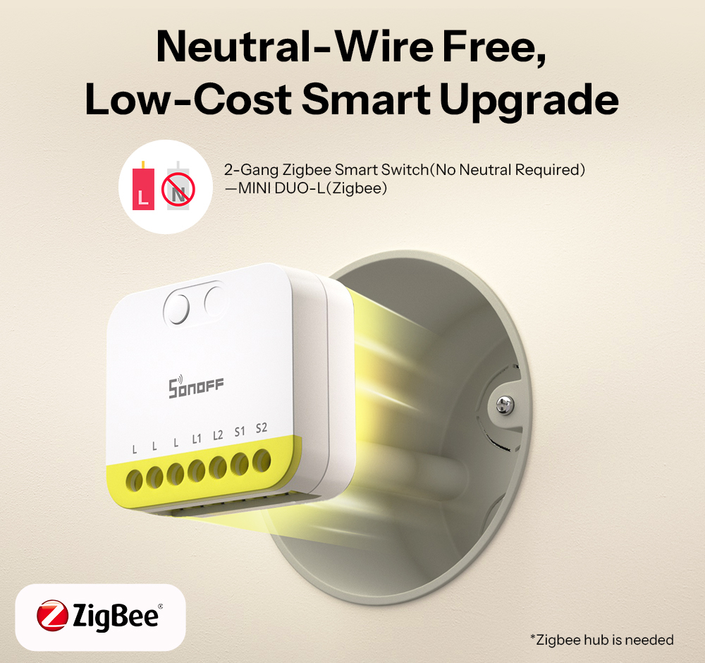 Реле SONOFF ZigBee MINI-ZB2GS-L (2 канала без нейтрали)