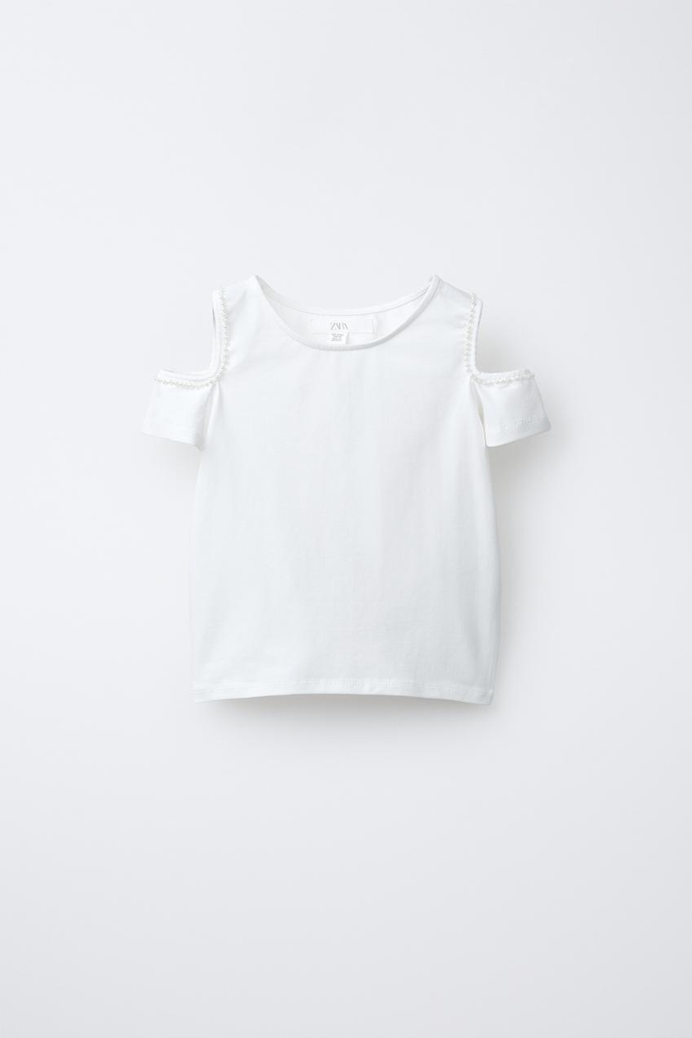 ZARA ФУТБОЛКА С ЖЕМЧУЖИНАМИ, БЕЛЫЙ