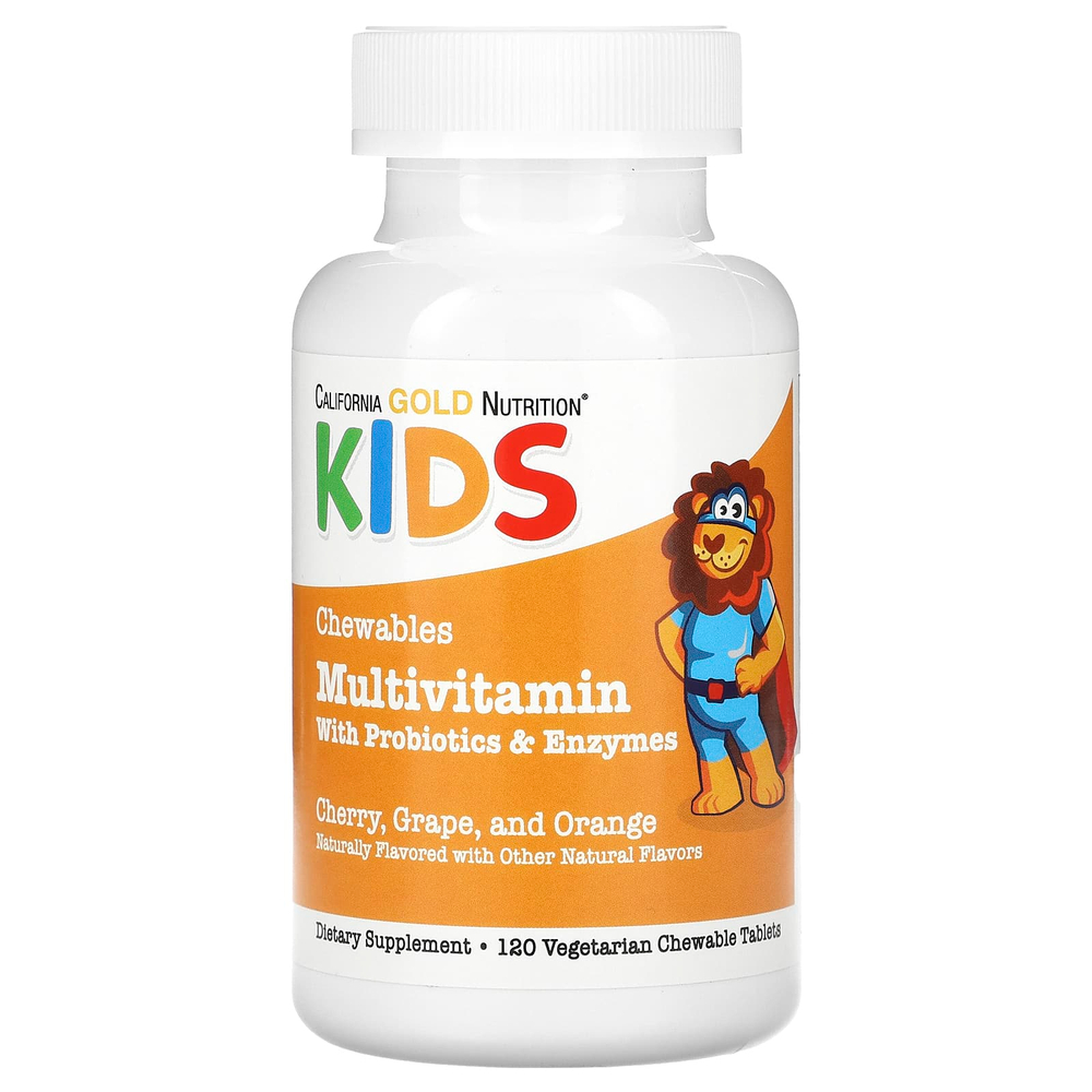 California Gold Nutrition, жевательные мультивитамины с пробиотиками, ферментами, витаминами A и C для детей, фруктовое ассорти, 120 вегетарианских таблеток