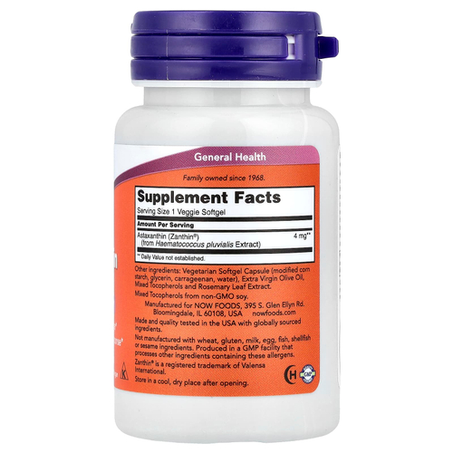 NOW Foods, астаксантин, 4 мг, 60 растительных капсул