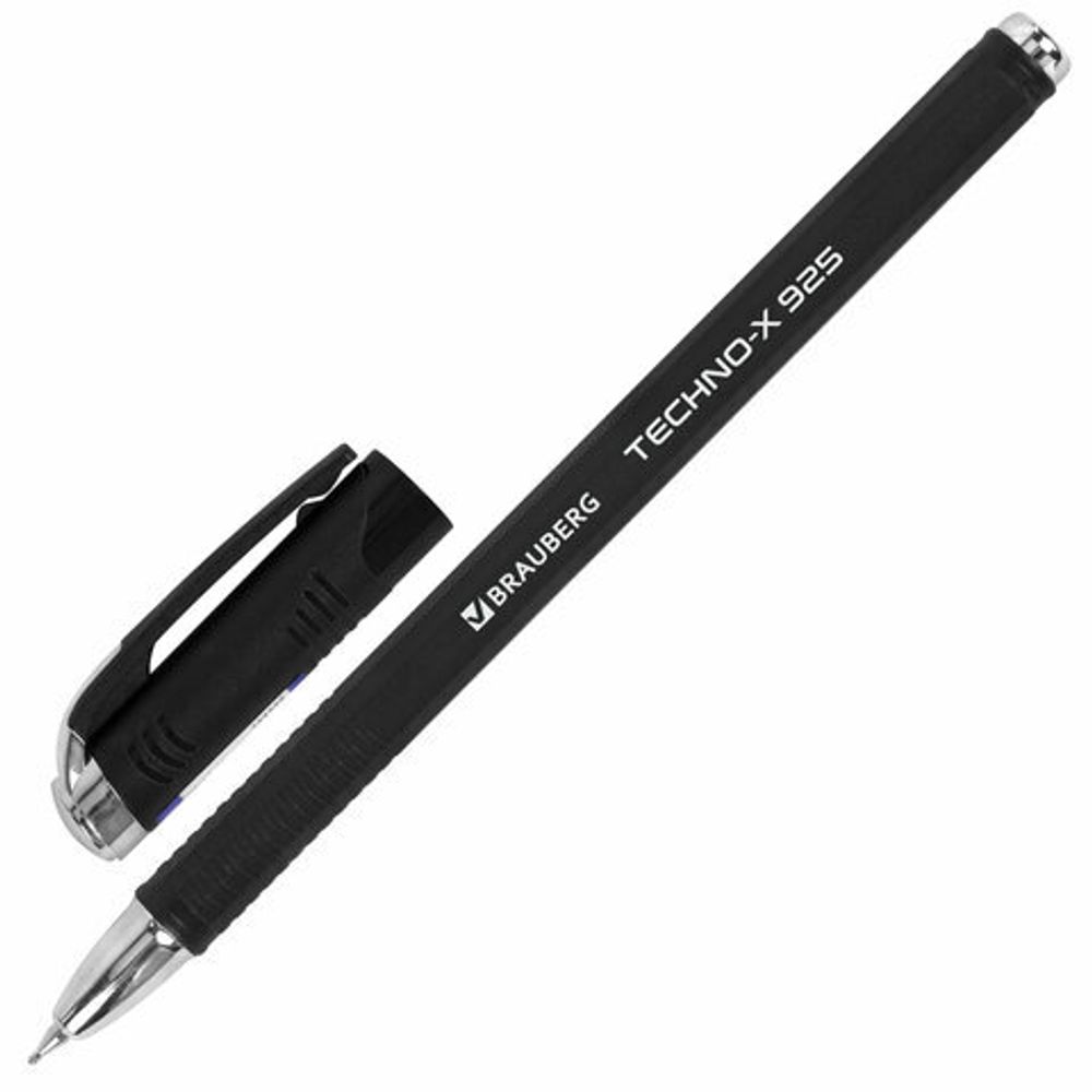 Ручка шариковая масляная BRAUBERG "Techno-X 925", 1шт, СИНЯЯ, корпус черный, серебристые детали, линия 0,5 мм, 144224