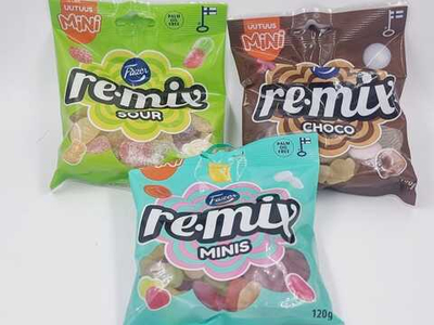 Fazer Remix Трио набор жевательных фруктовых конфет Choco, Sour, Minis, 340 г (2 уп. по 120 г, 1 уп. 100 г) (из Финляндии)