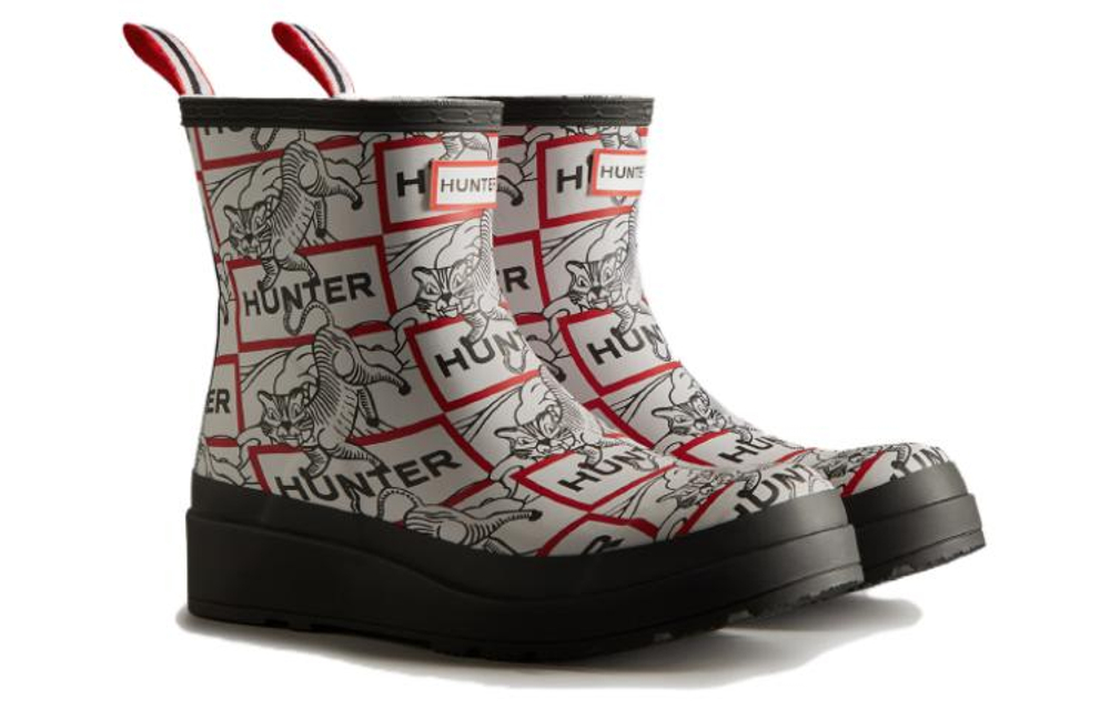HUNTER Waterproof Rain Boots Women"s Black White Crackle