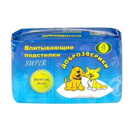 Подстилки впитывающие одноразовые для животных, Super, 60х40 см, 30 шт.
