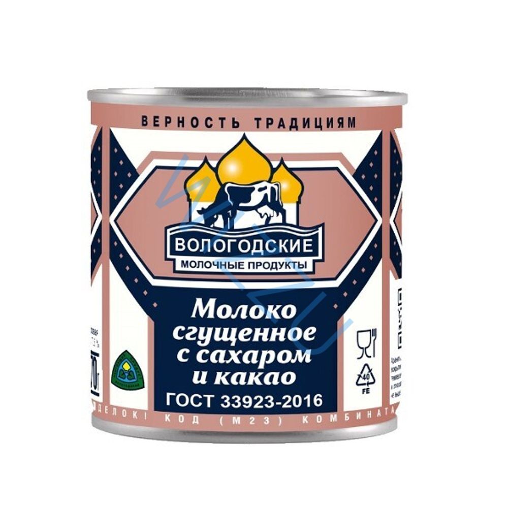 Молоко цельное сгущеное с сахаром и какао м.д.ж. 7,5%,ж/б 370 гр.
