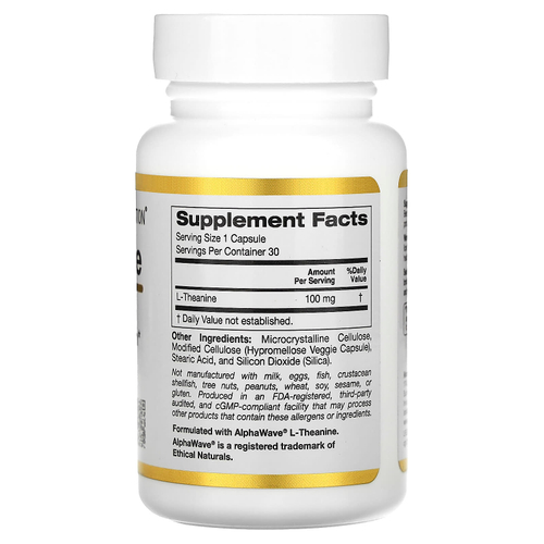 California Gold Nutrition, L-теанин, с AlphaWave, 100 мг, 30 растительных капсул