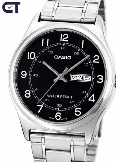 Casio MTP-V006D-1B2 General часы наручные мужские — чёрный циферблат, календарь и стальной браслет