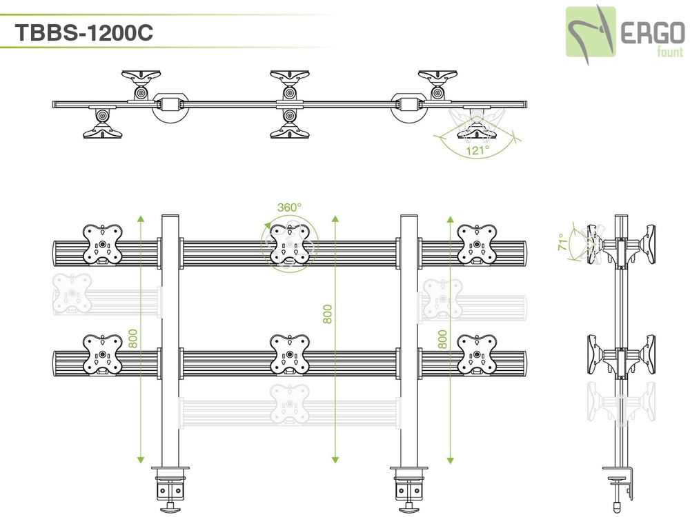 ErgoFount TBBS-1200C Настольное крепление back-to-back для 12 мониторов диагональю до 24'' конфигурации 2х3 с зажимом к столу типа "С". Цвет - серебристый
