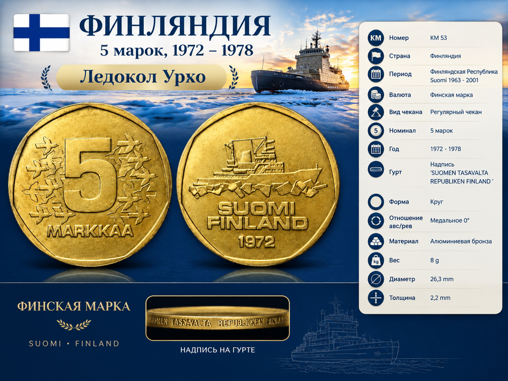 Финляндия 5 марок, 1972 Ледокол Урхо aUNC