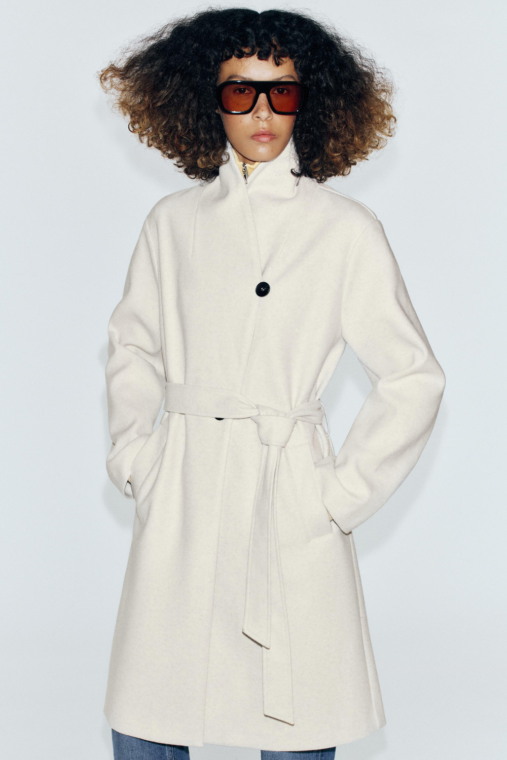 ZARA ПАЛЬТО ИЗ МЯГКОЙ ТКАНИ С ПОЯСОМ, ЭКРЮ