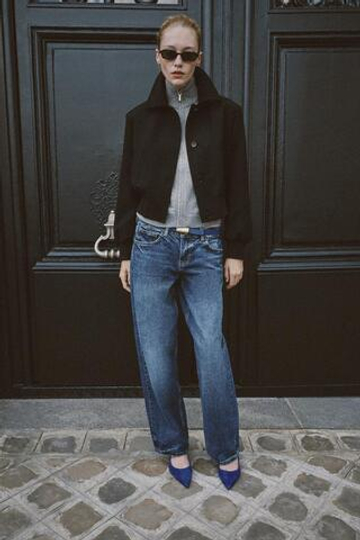 ZARA КОРОТКАЯ КУРТКА С ПОДПЛЕЧНИКАМИ, ЧЕРНЫЙ