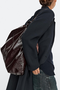 Massimo Dutti Сумка-тоут макси из кожи наппа с эффектом кракелюр, шоколадно-коричневый