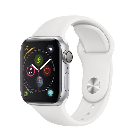 Часы смарт Apple Watch Серия 4, 40мм из алюминия серебристого цвета, спортивный ремешок белого цвета