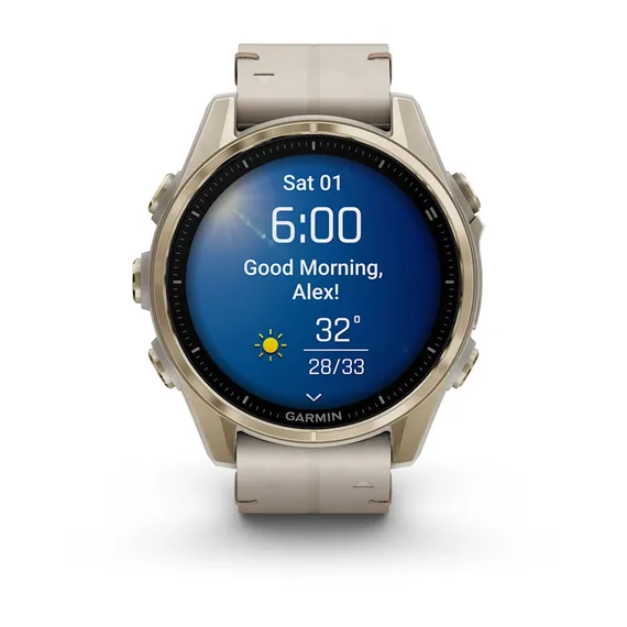Fenix 8 - 43 мм, AMOLED, Sapphire (золотистый, серый кожаный ремешок)