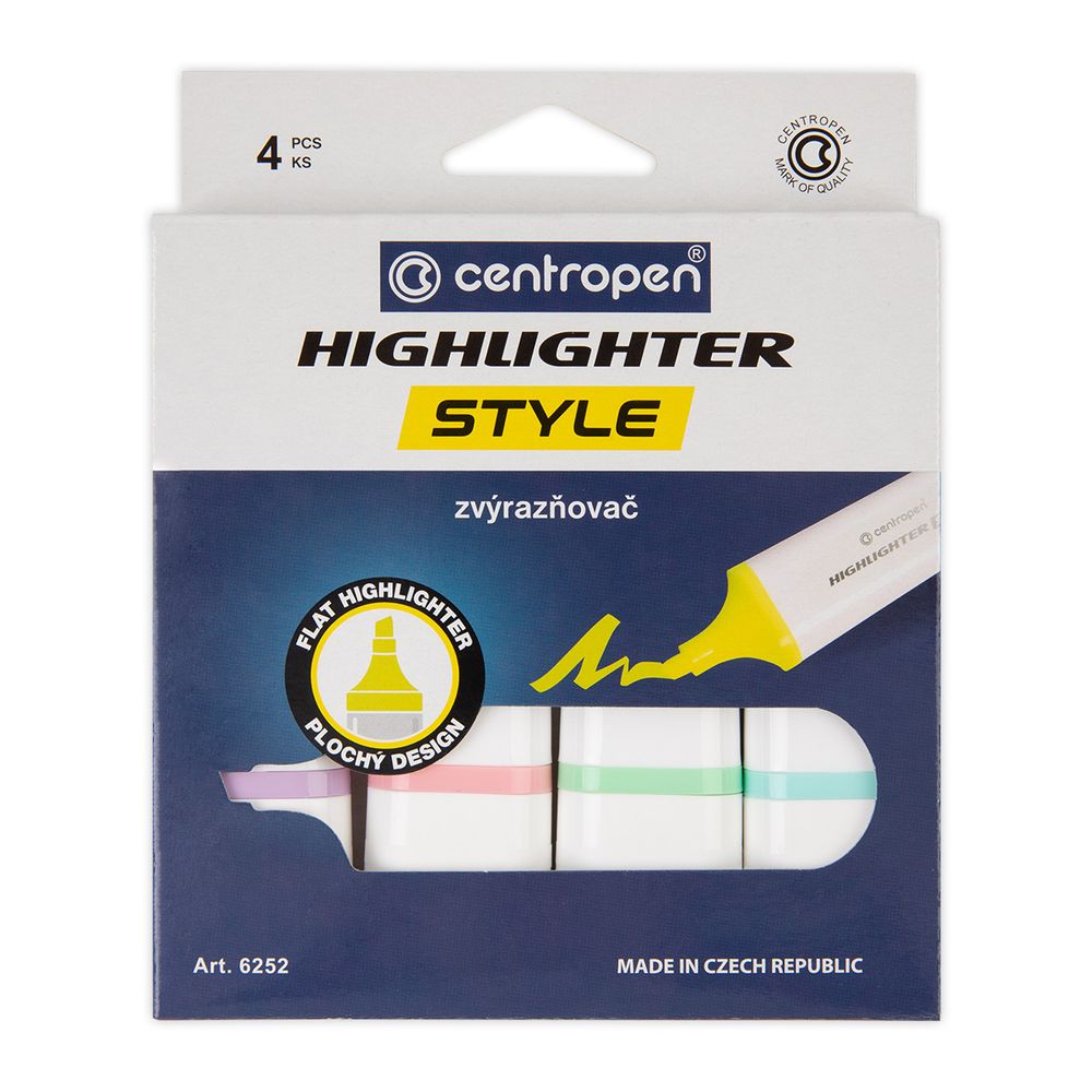 Набор текстовыделителей HIGHLIGHTER STYLE 6252/4 КК-4 1-4 мм, 4 цв. скошенное, 6252/4 KK-4 SOFT(pastel), Centropen 6252/4 КК-4
