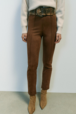 ZARA ЛЕГИНСЫ ПОД ЗАМШУ С ПОЯСОМ, МЯГКИЙ КАШТАНОВЫЙ