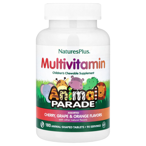 NaturesPlus, Animal Parade®, жевательные мультивитамины для детей, вишня, виноград и апельсин, 180 таблеток в форме животных