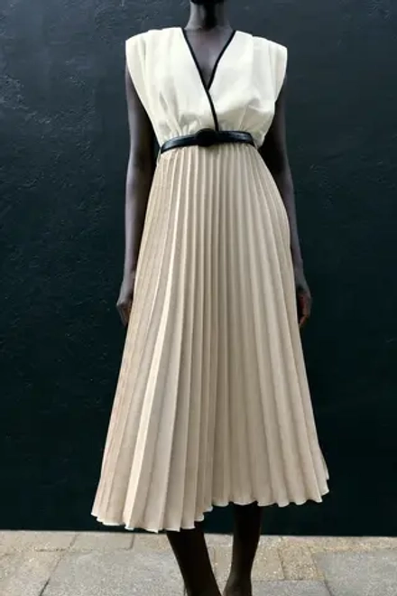 ZARA ПЛИССИРОВАННОЕ ПЛАТЬЕ МИДИ, БЕЖЕВЫЙ