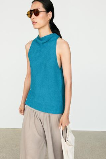 Massimo Dutti Трикотажный топ из смесовой льняной ткани с пуговицами, бирюзовый