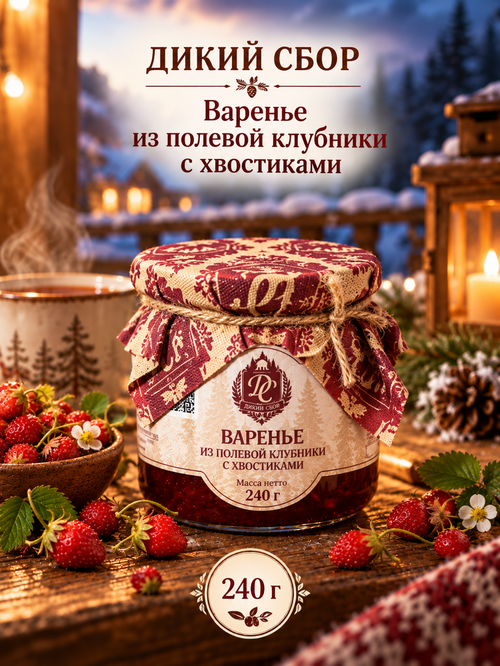 Варенье из полевой клубники с хвостиками / 240 гр / стеклобанка / ДИКИЙ СБОР