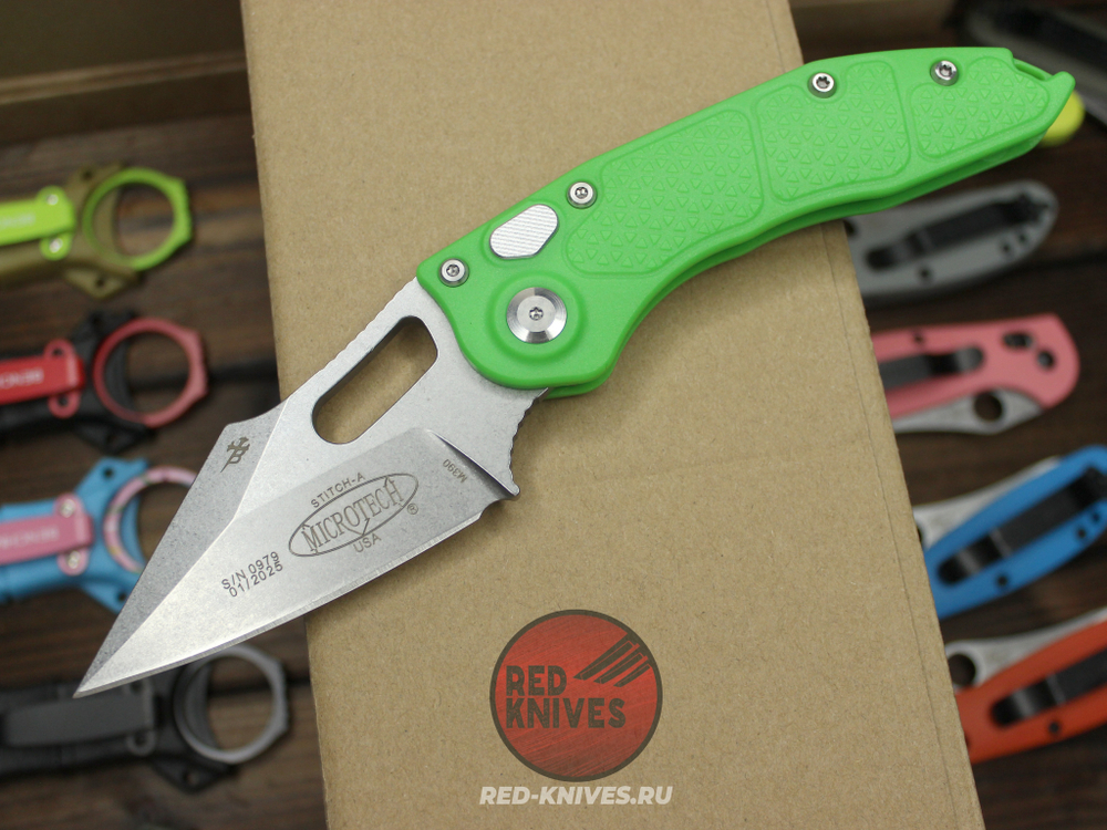 Нож Microtech Stitch Acid Green + пружина - светлый клинок, рукоять нейлон
