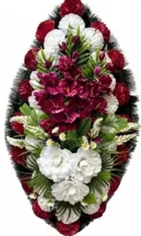 Ритуальный венок из искусственных бордовых ирисов и белых гвоздик