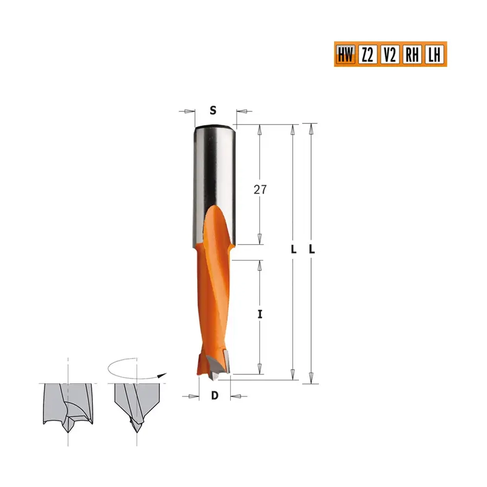 Сверло HW для присадочного станка 8x27x57,5 Z=2+2 S=10x27 LH CMT 310.080.12