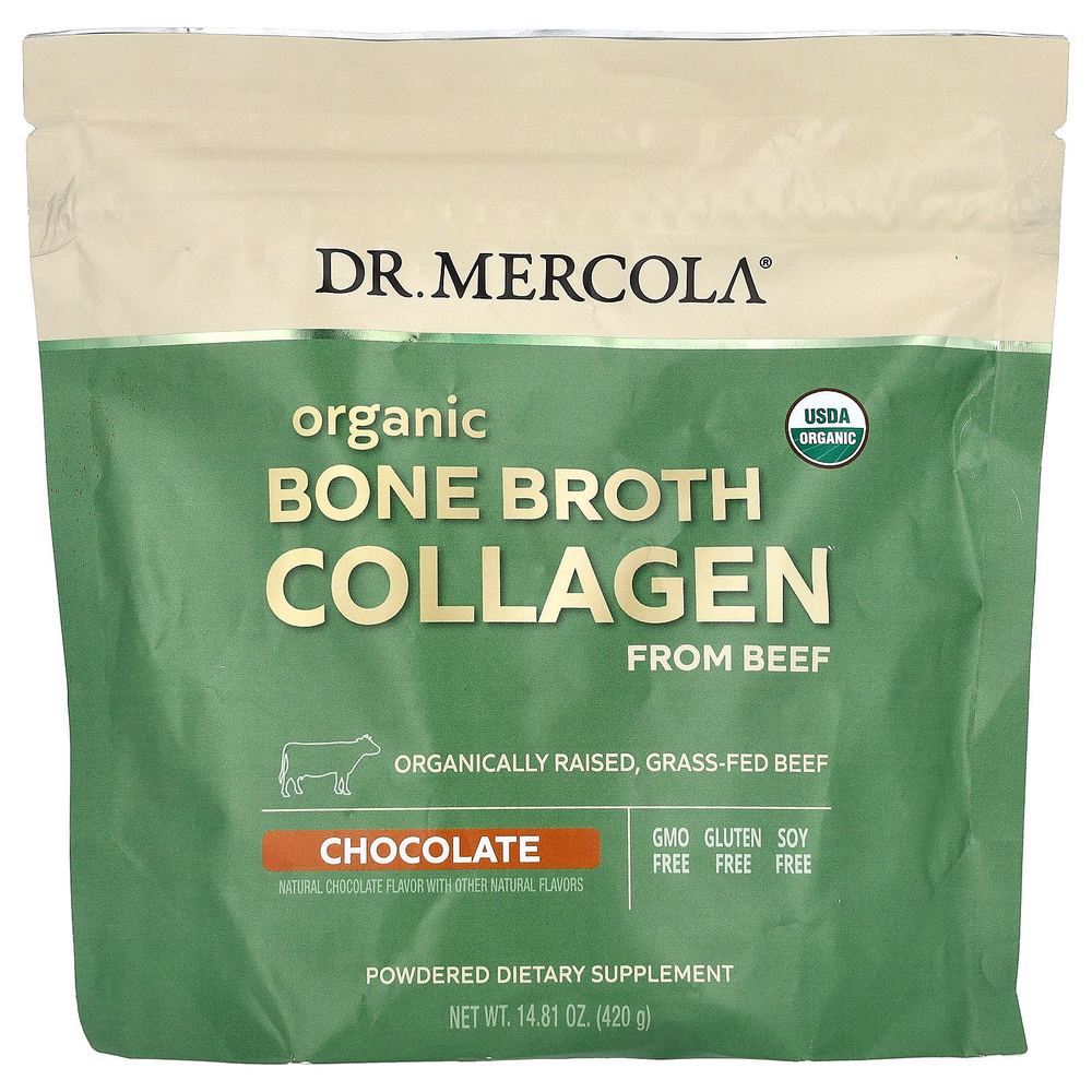 Dr. Mercola, органический коллаген из говяжьего костного бульона, шоколад, 420 г