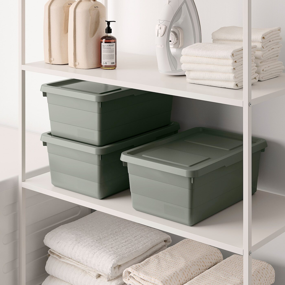 Коробка для хранения с крышкой IKEA SOCKERBIT (СОКЕРБИТ), Серо-зеленый, 38x25x15 см