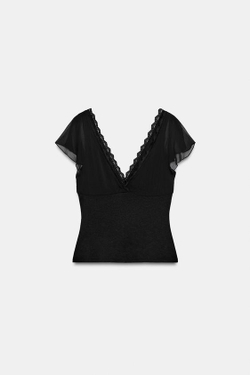 ZARA КОМБИНИРОВАННЫЙ КРУЖЕВНОЙ ТОП, ЧЕРНЫЙ