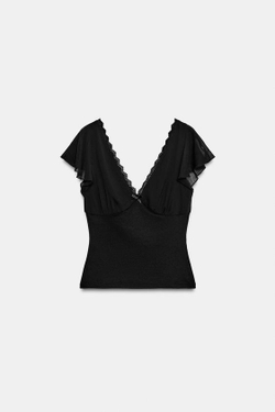ZARA КОМБИНИРОВАННЫЙ КРУЖЕВНОЙ ТОП, ЧЕРНЫЙ