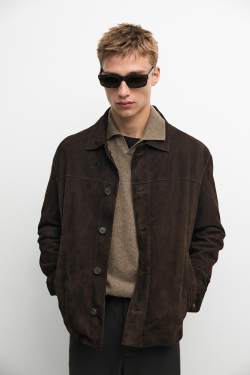 Massimo Dutti Куртка-рубашка из замшевой кожи с карманом, шоколадный
